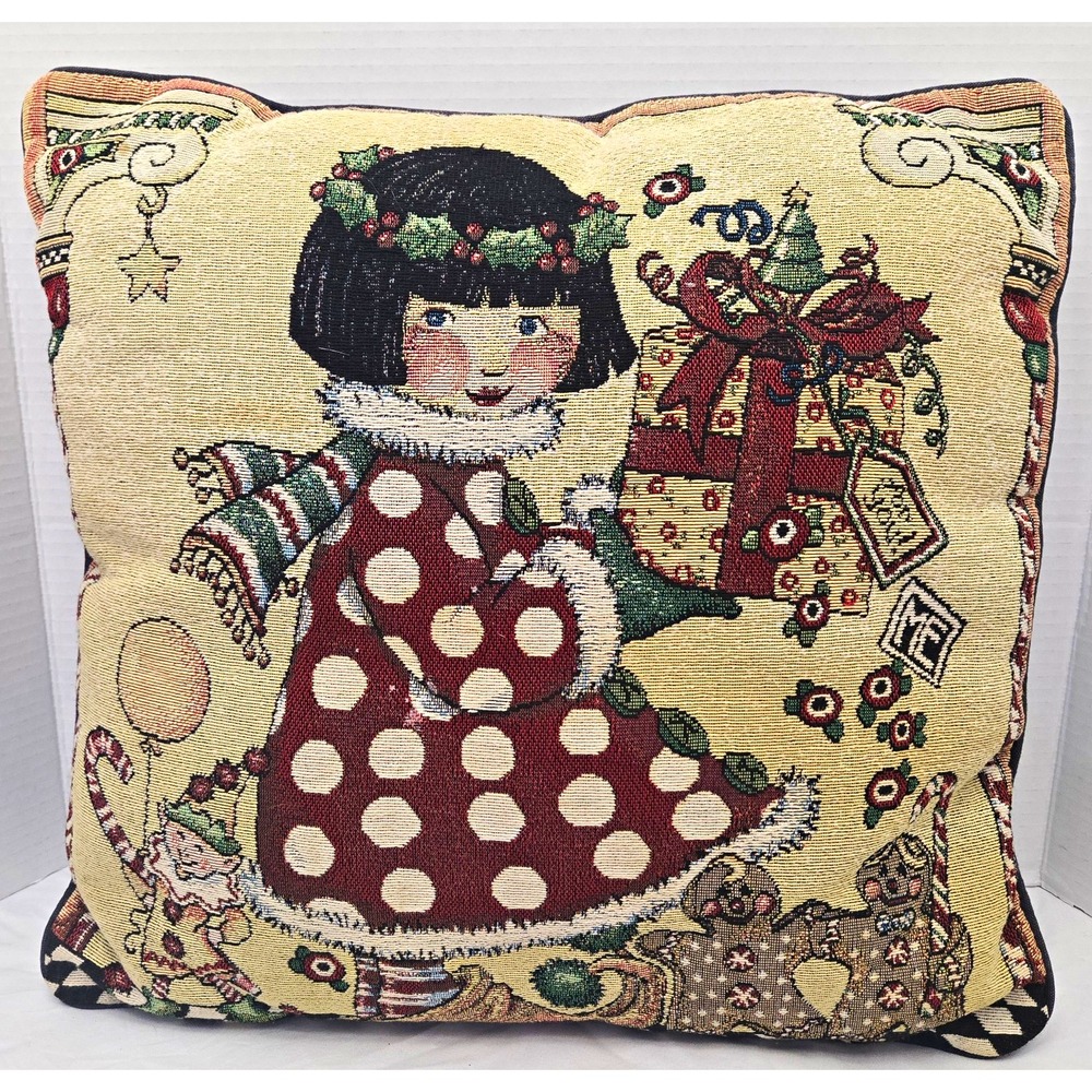 Vintage Mary Engelbreit Christmas Tapestry Throw Pilow "Joy For You" ~15"x15"